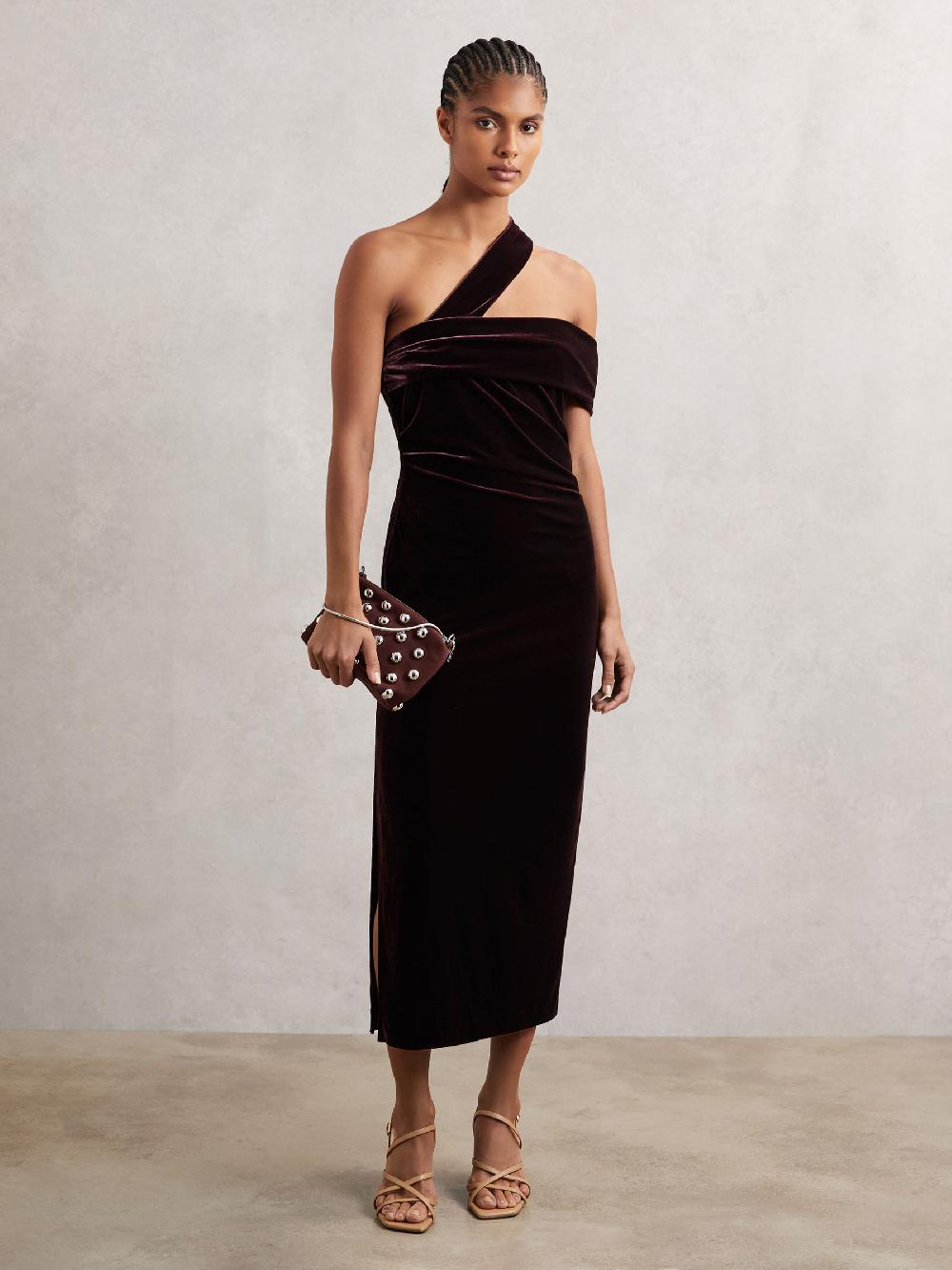 Reiss Velvet One-Shoulder Midi Dress In Burgundy