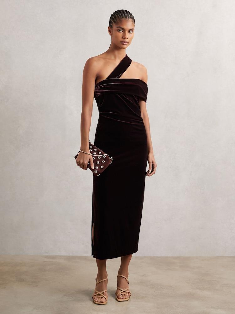 reiss Velvet One-Shoulder Midi Dress in Burgundy