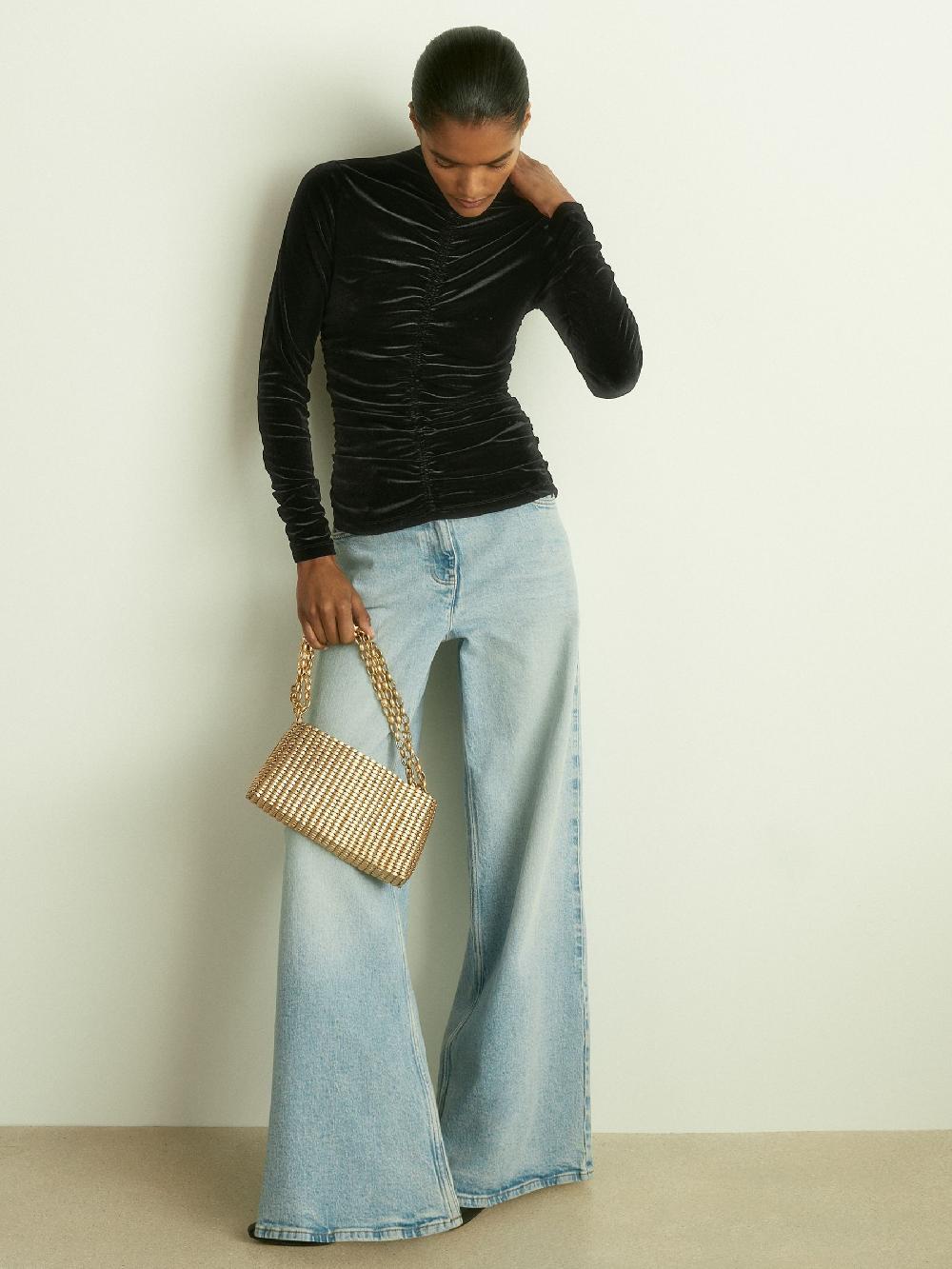 Reiss Velvet Ruched Long-Sleeve Top In Black