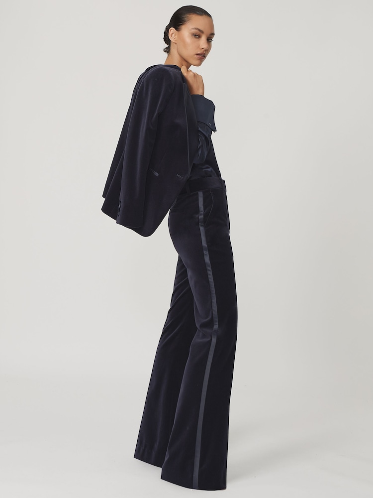 reiss Velvet Satin-Stripe Flared Trousers in Navy
