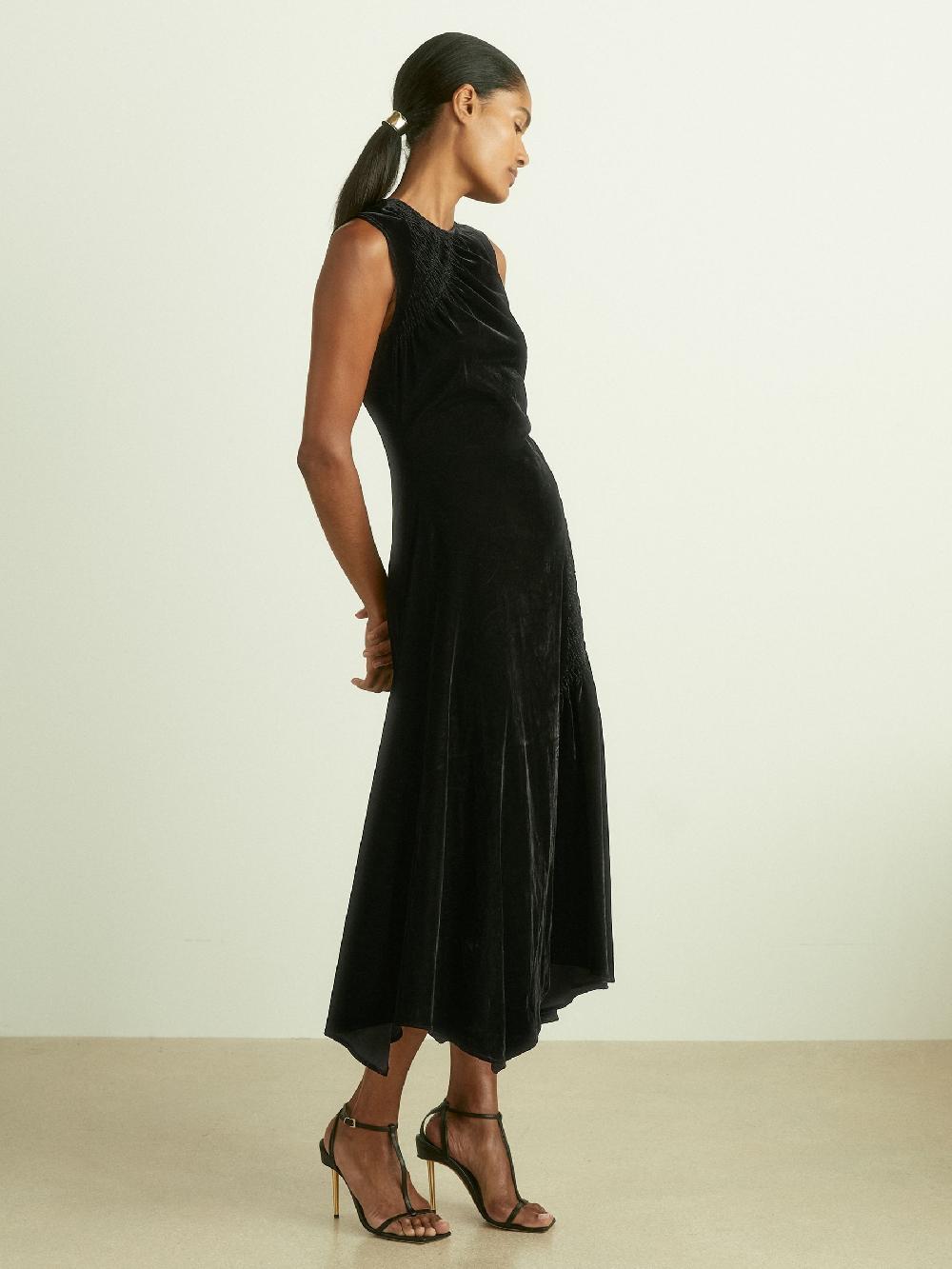 Reiss Velvet Shirred Panel Midi Dress In Black