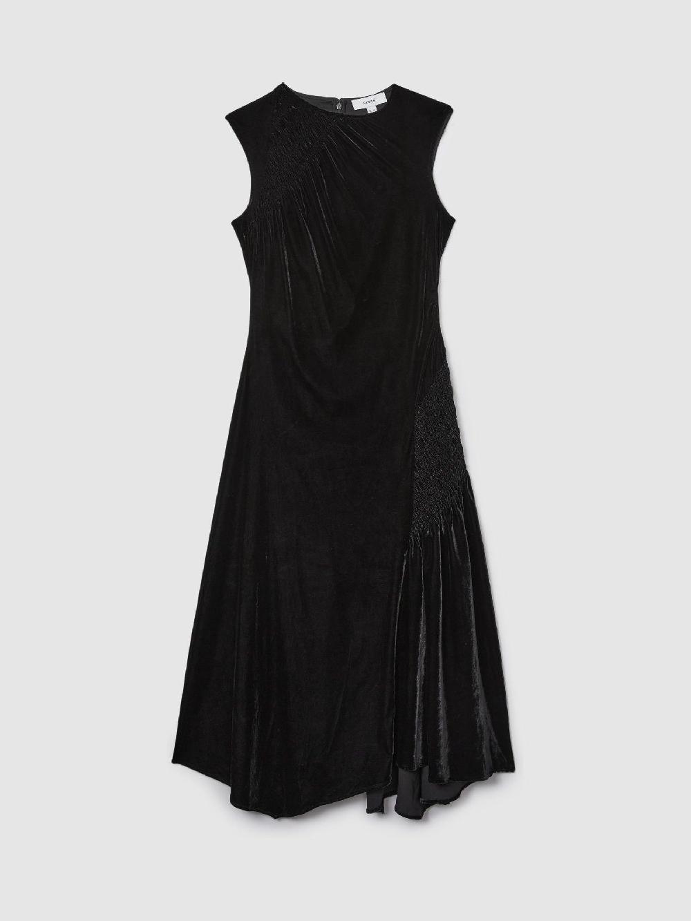 Reiss Velvet Shirred Panel Midi Dress In Black