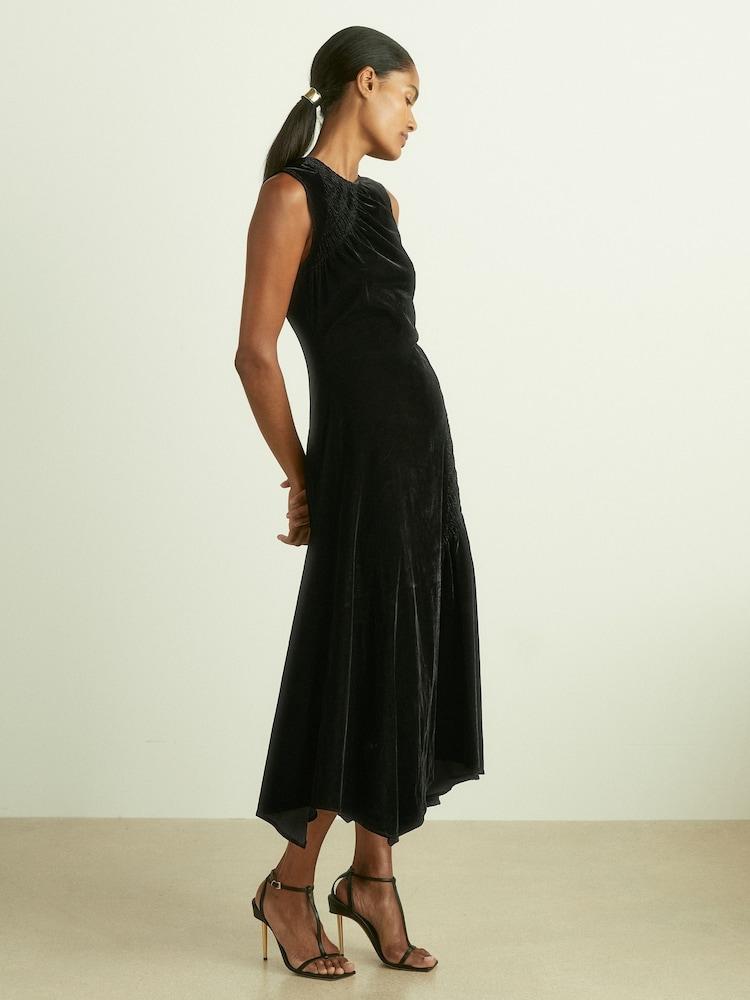 reiss Velvet Shirred Panel Midi Dress in Black