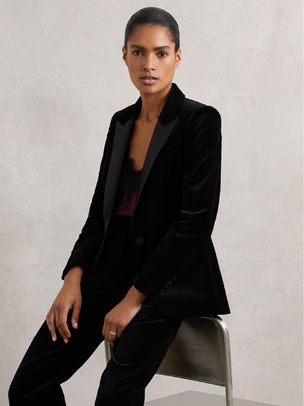 Reiss Velvet Single Breasted Suit Blazer In Black