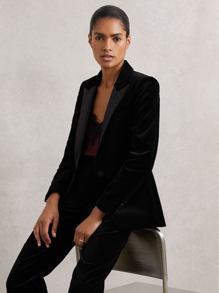 reiss Velvet Single Breasted Suit Blazer in Black