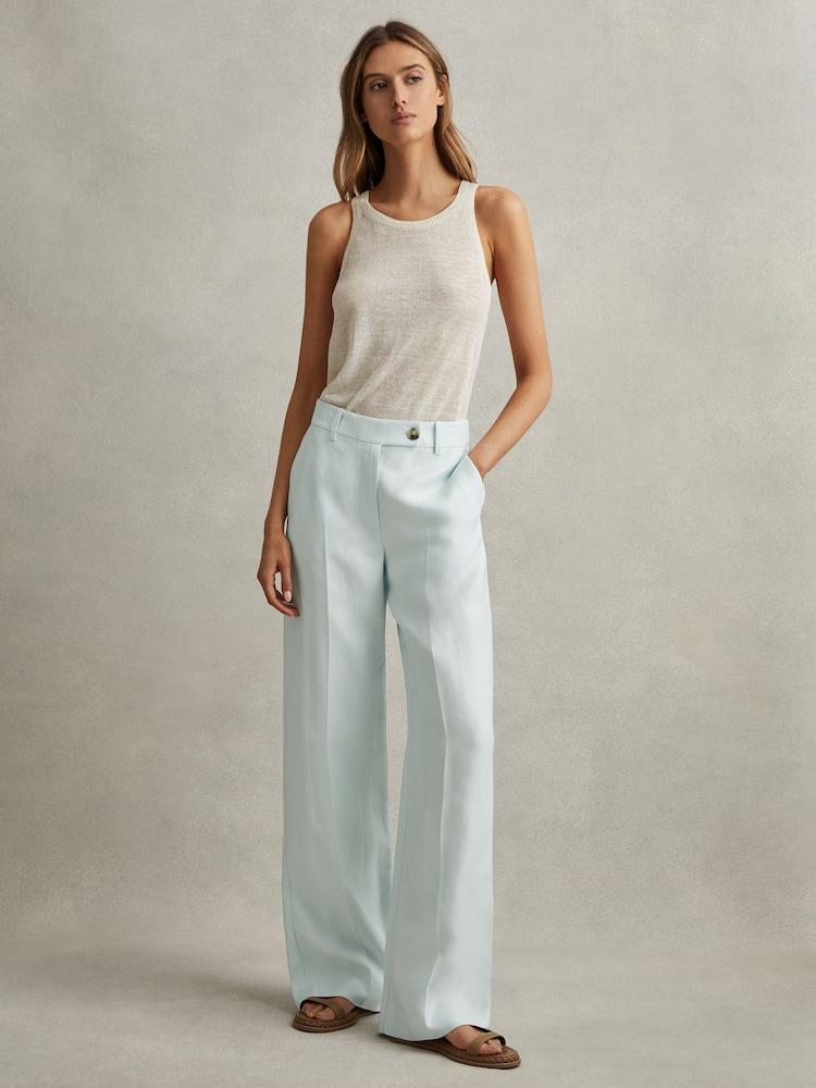 reiss Viscose-Linen Wide Leg Suit Trousers in Blue