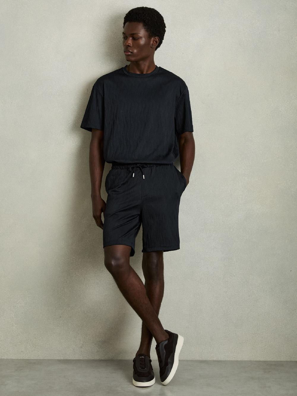 Reiss Wave Jacquard Drawstring Shorts In Navy