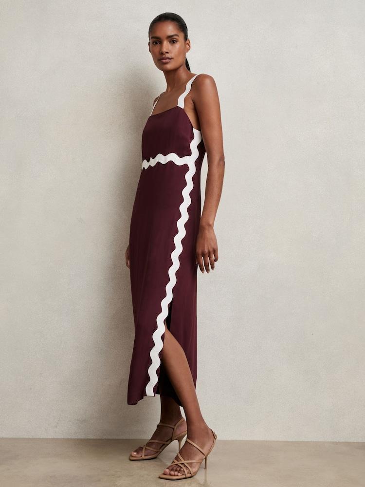 reiss Wave-Trim Crepe Midi Dress in Burgundy