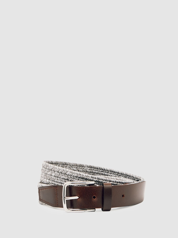 reiss Webbing Belt With Leather Trim in Soft Grey