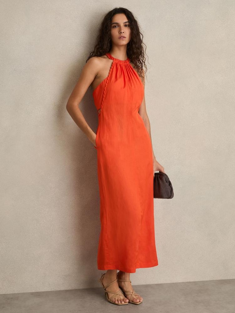 reiss Whipstitch Halterneck Midi Dress in Red