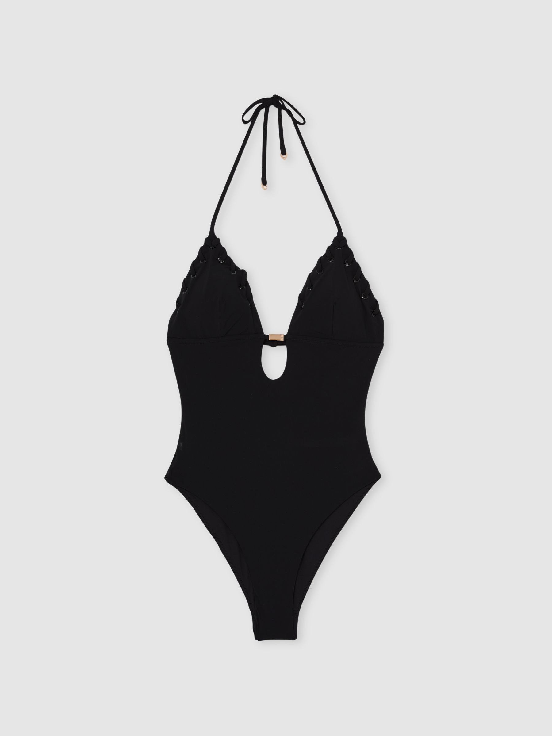 Reiss Whipstitch Halterneck Swimsuit In Black