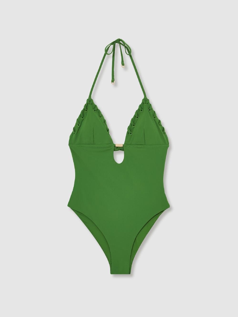 Reiss Whipstitch Halterneck Swimsuit In Green