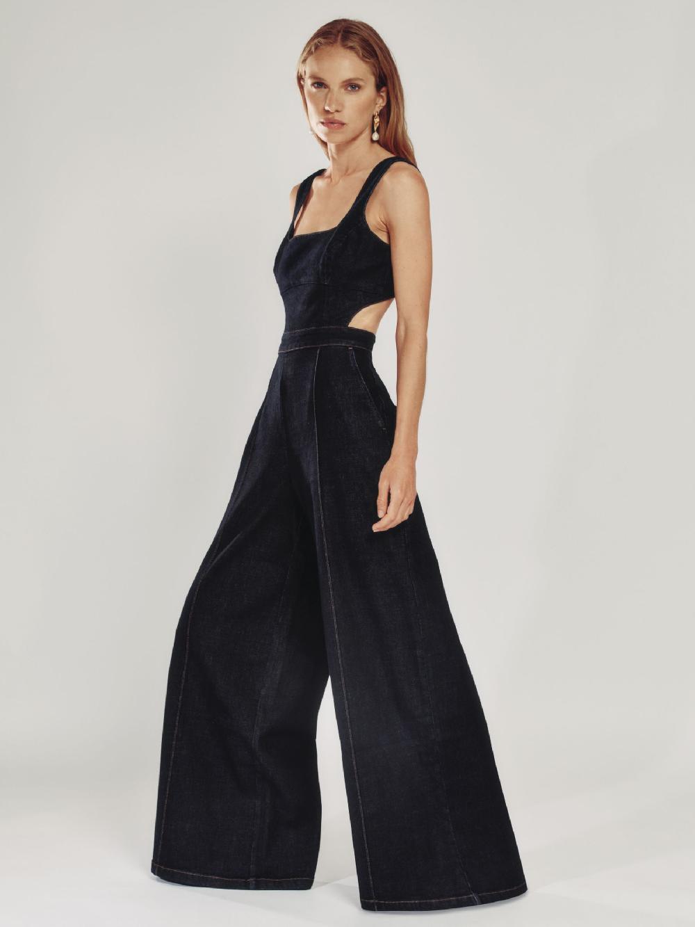 Reiss Wide-Leg Cut-Out Denim Jumpsuit In Dark Blue