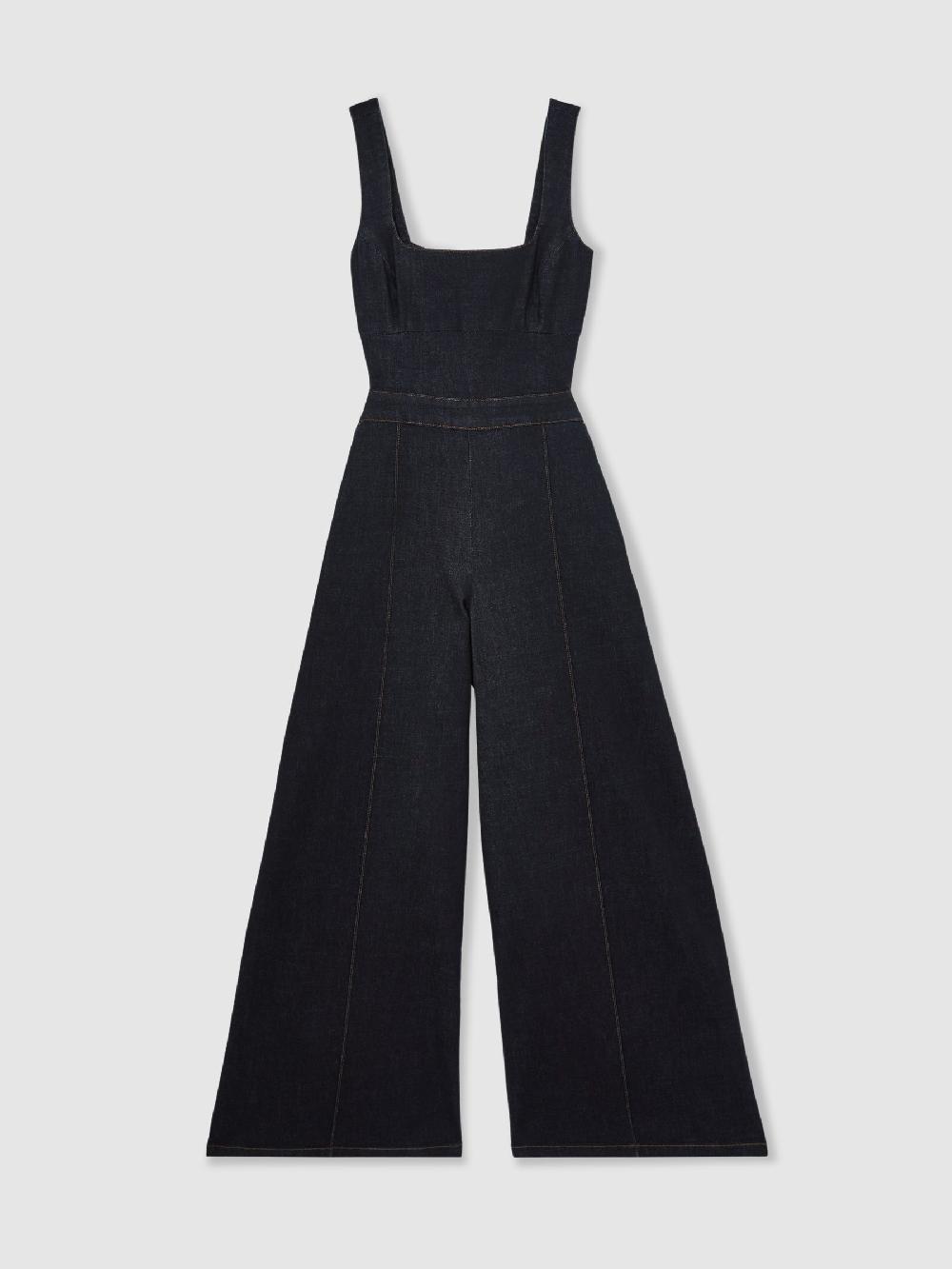 Reiss Wide-Leg Cut-Out Denim Jumpsuit In Dark Blue