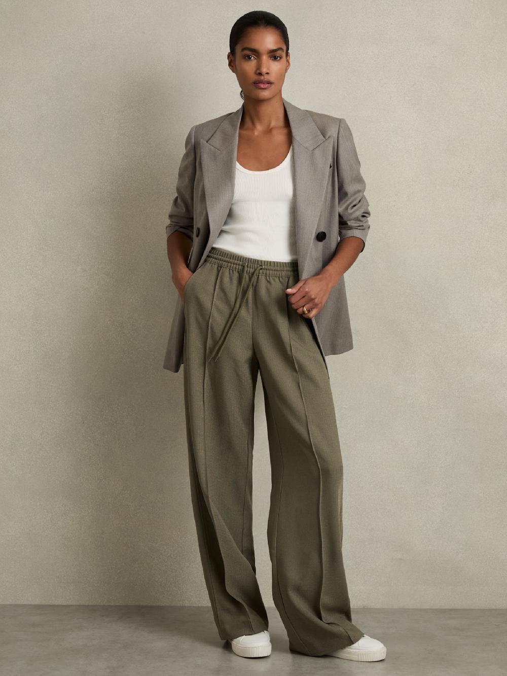 Reiss Wide-Leg Drawstring Trousers In Khaki
