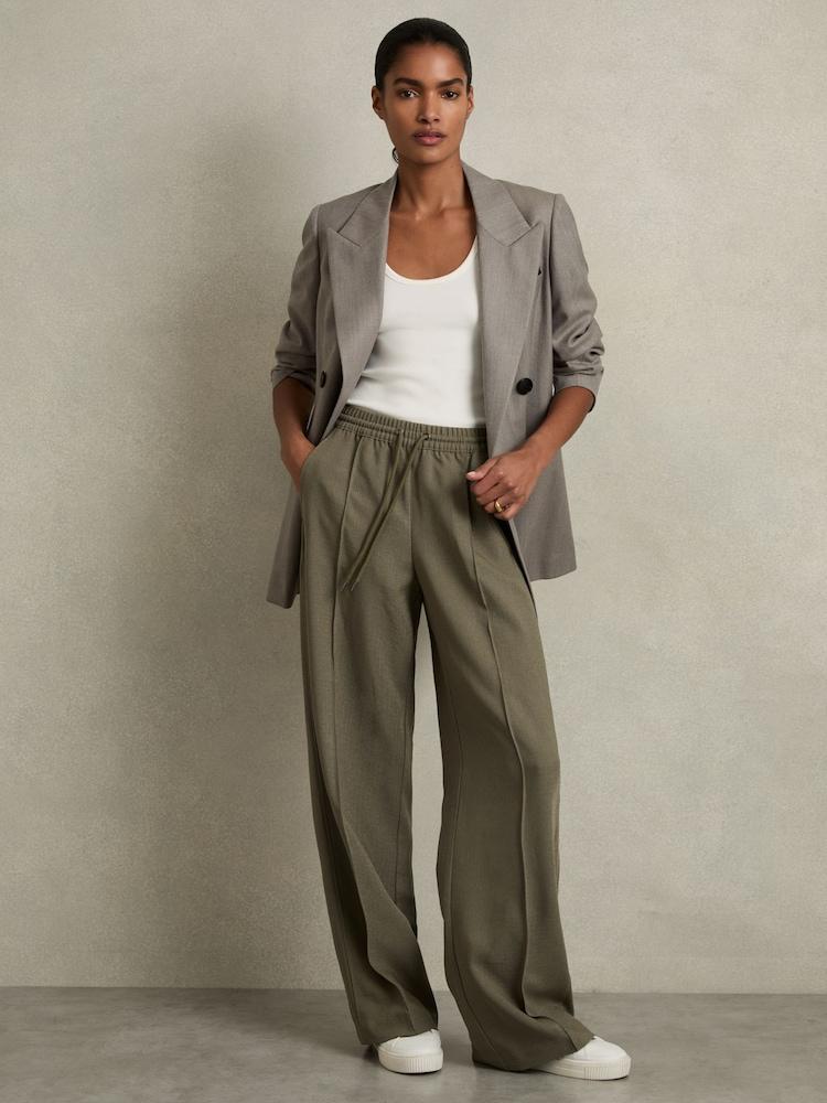 reiss Wide-Leg Drawstring Trousers in Khaki
