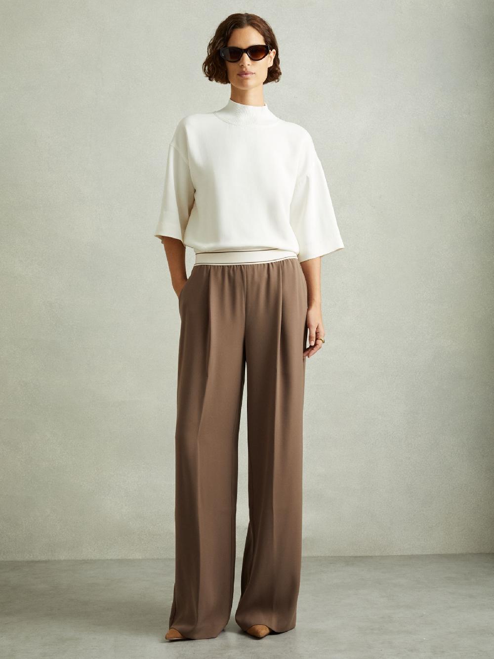 Reiss Wide Leg Elasticated Trousers In Mocha Brown