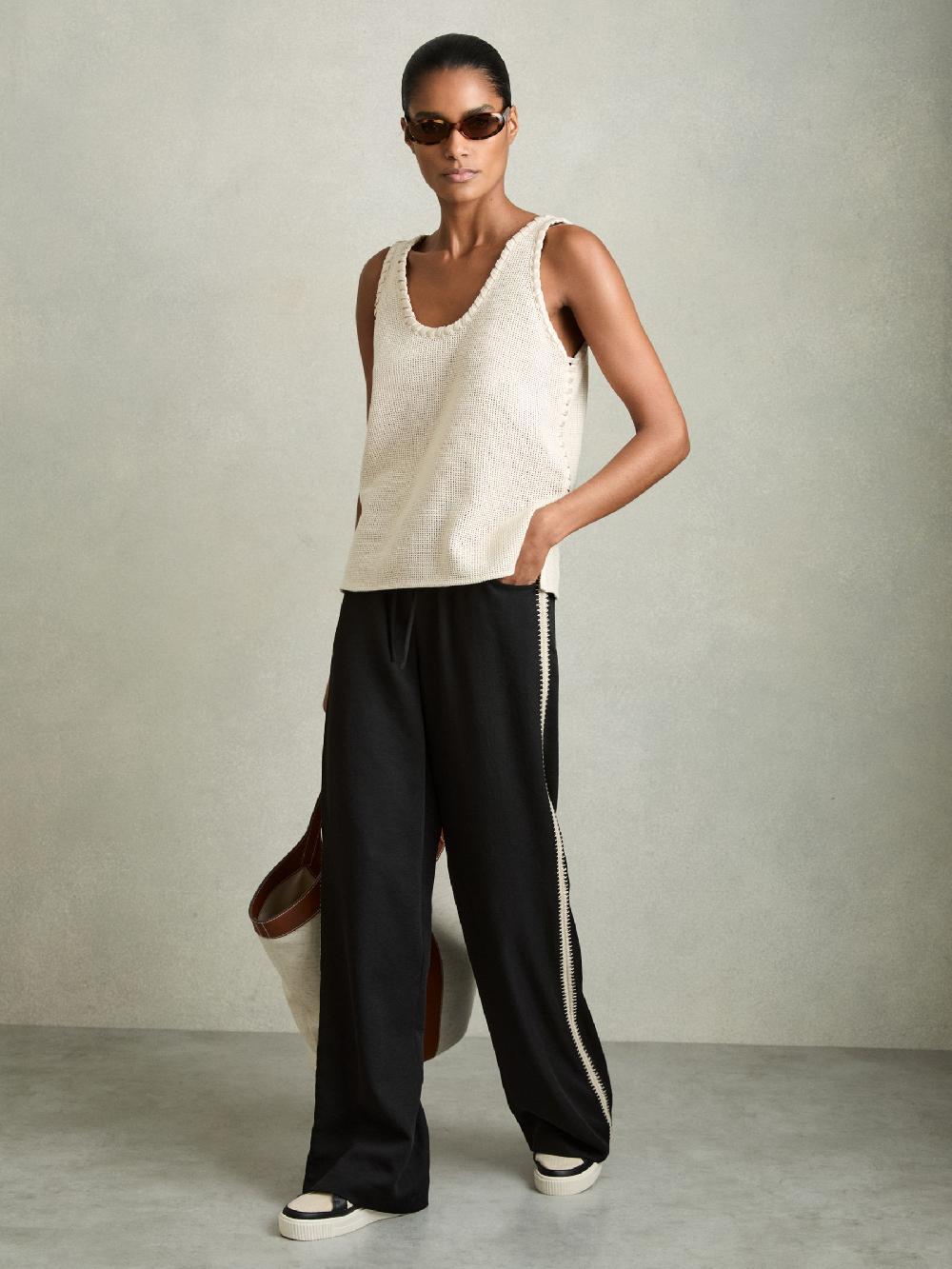 Reiss Wide-Leg Embroidered Trousers In Black