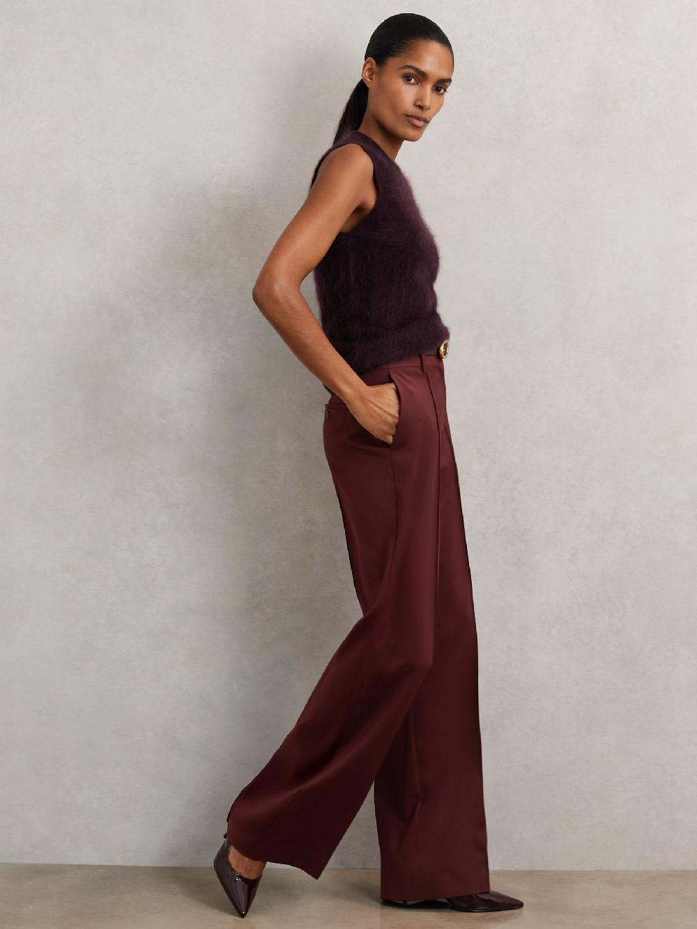 Reiss Wide-Leg Pintuck Trousers In Burgundy