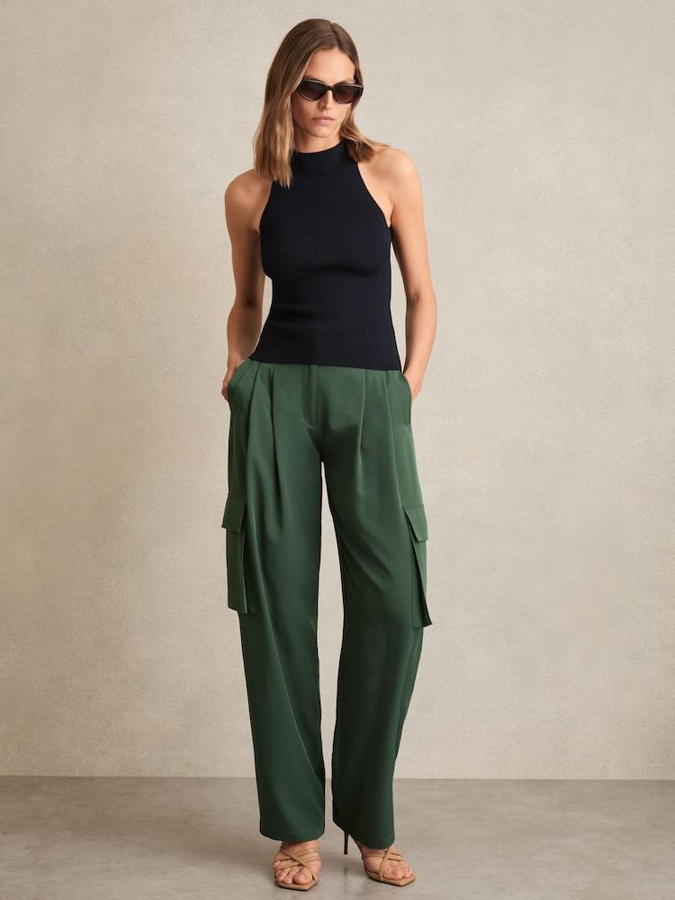 reiss Wide-Leg Pleated Cargo Trousers in Green