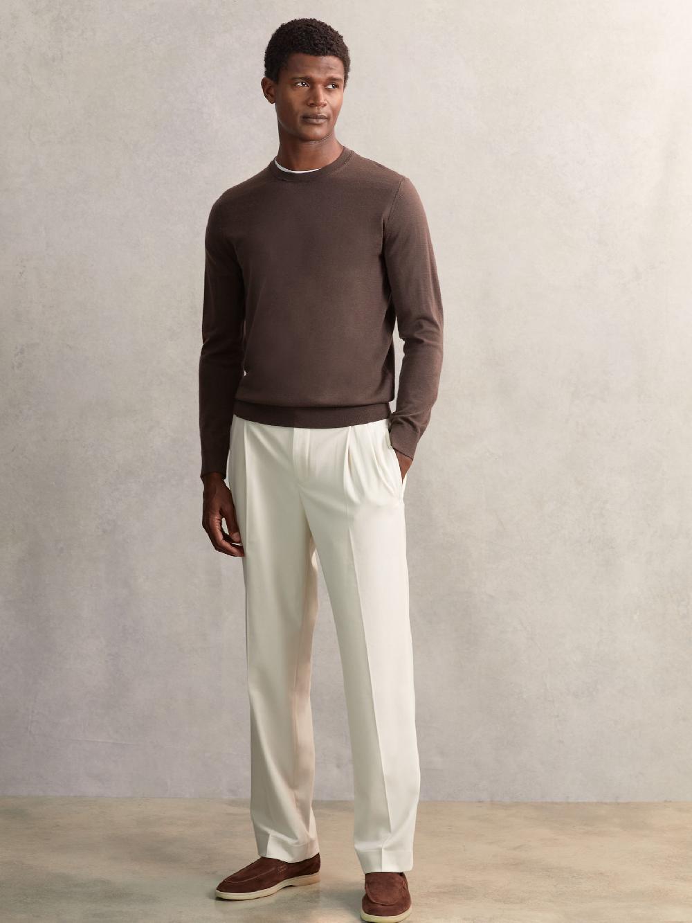 Reiss Wide Leg Pleated Drawstring Trousers In Ecru