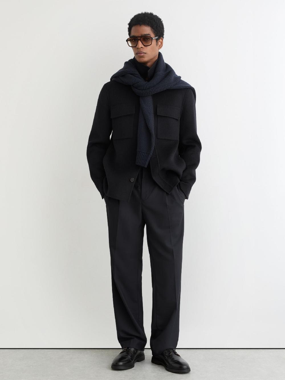 Reiss Wide Leg Pleated Drawstring Trousers In Navy
