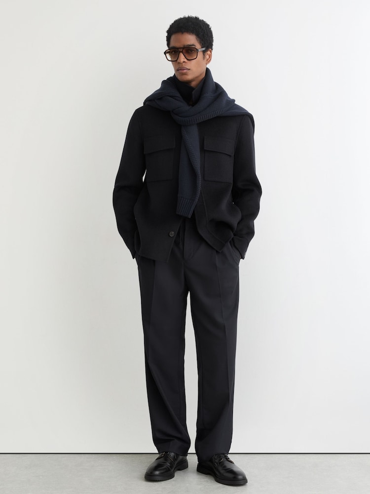 reiss Wide Leg Pleated Drawstring Trousers in Navy
