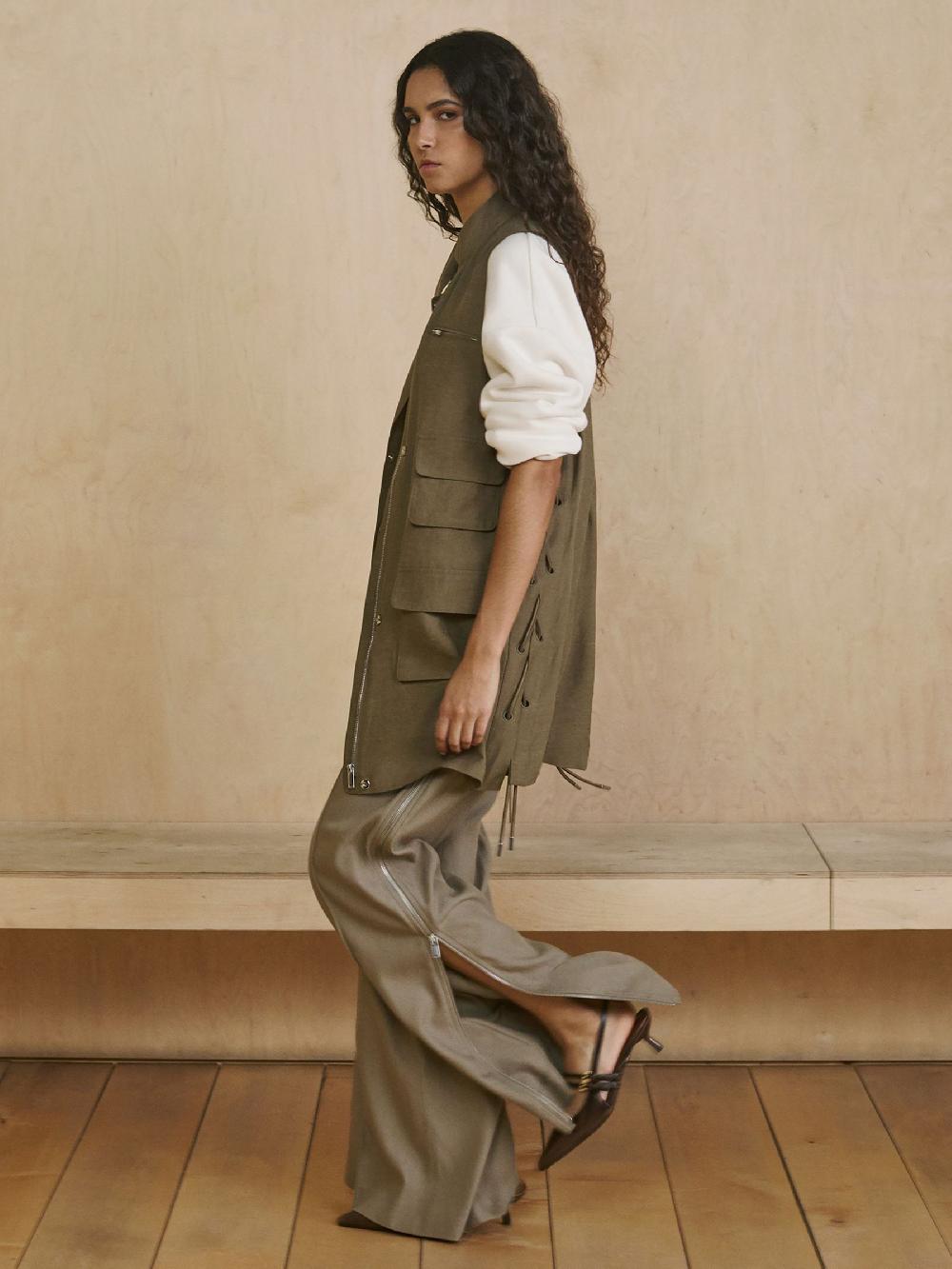 Reiss Wide-Leg Side-Zip Trousers In Sage Green