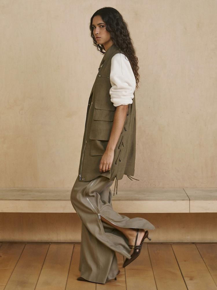 reiss Wide-Leg Side-Zip Trousers in Sage Green