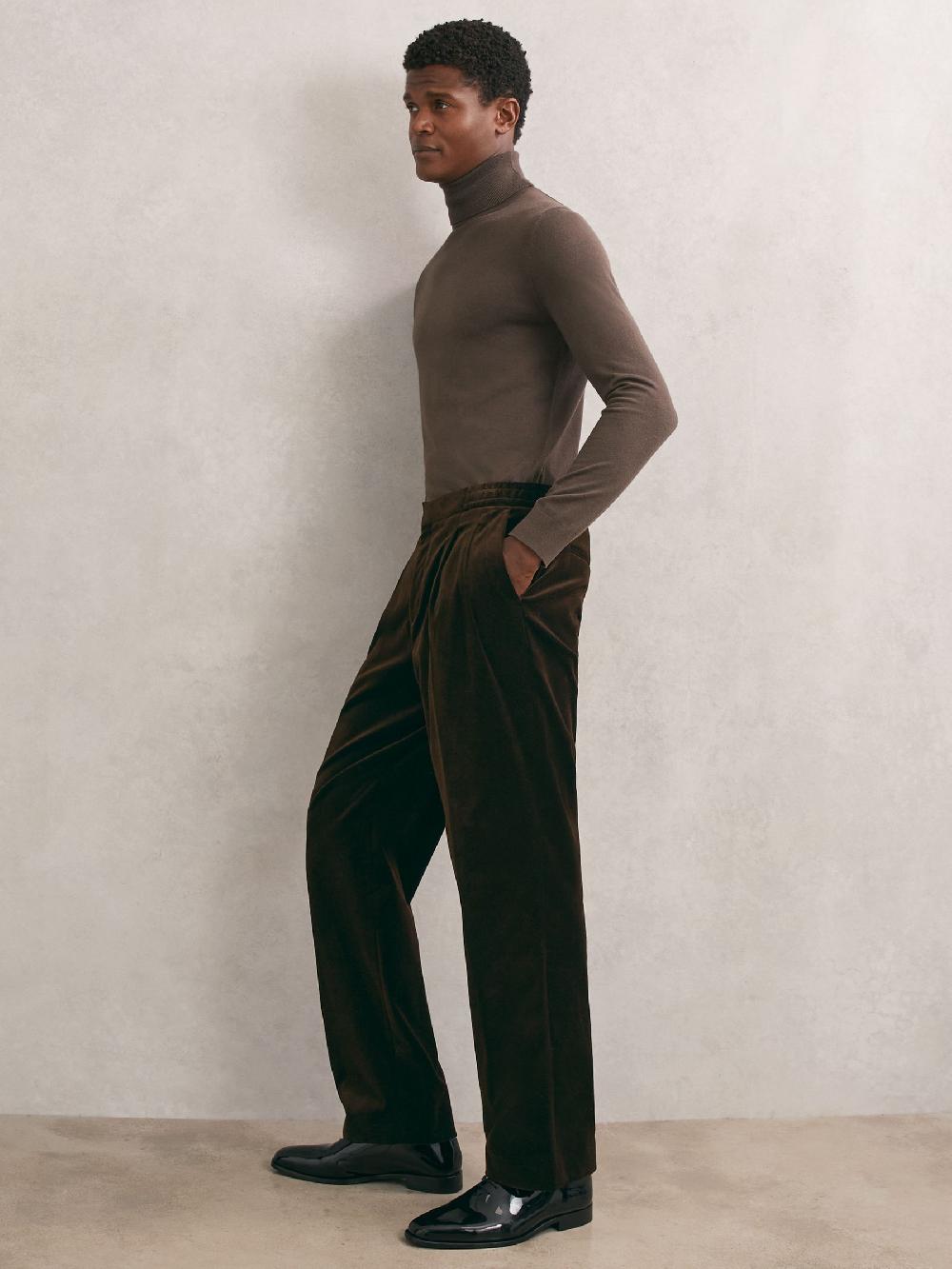 Reiss Wide-Leg Velvet Trousers In Brown