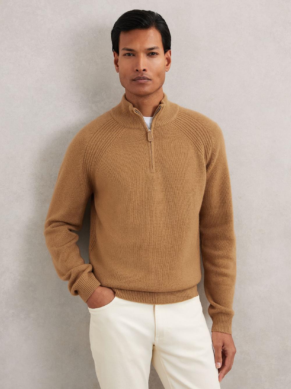 Reiss Wool And Cashmere Half-Zip Jumper In Camel