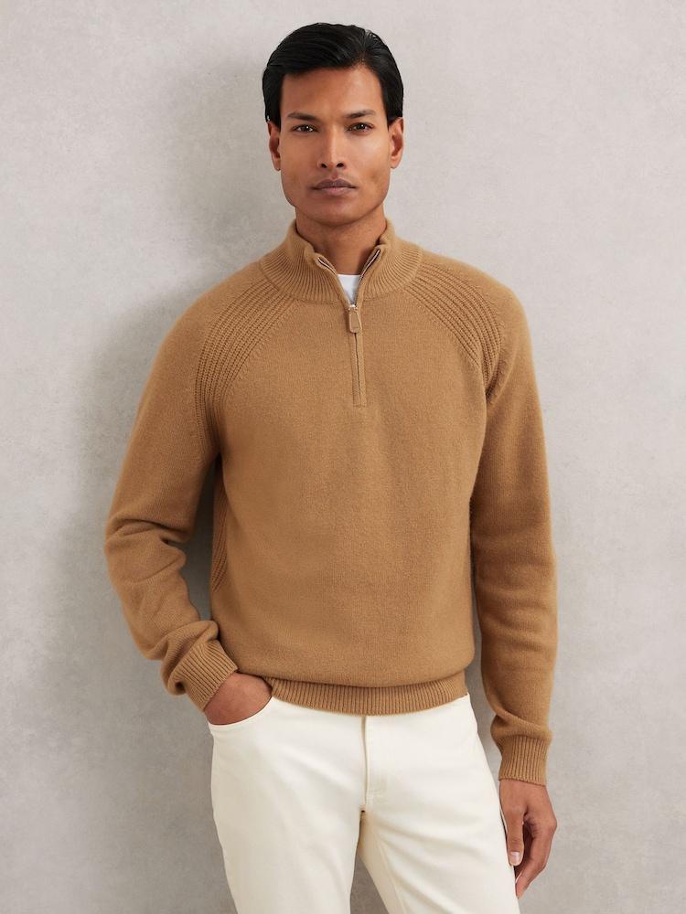 reiss Wool And Cashmere Half-Zip Jumper in Camel