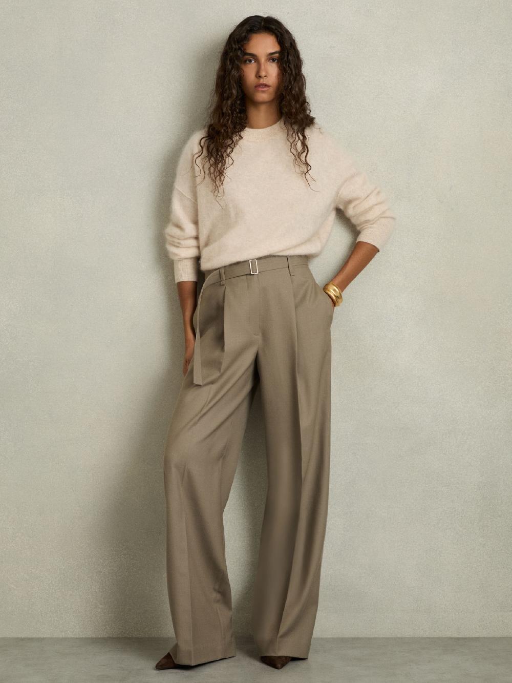 Reiss Wool Belted Wide-Leg Trousers In Neutral