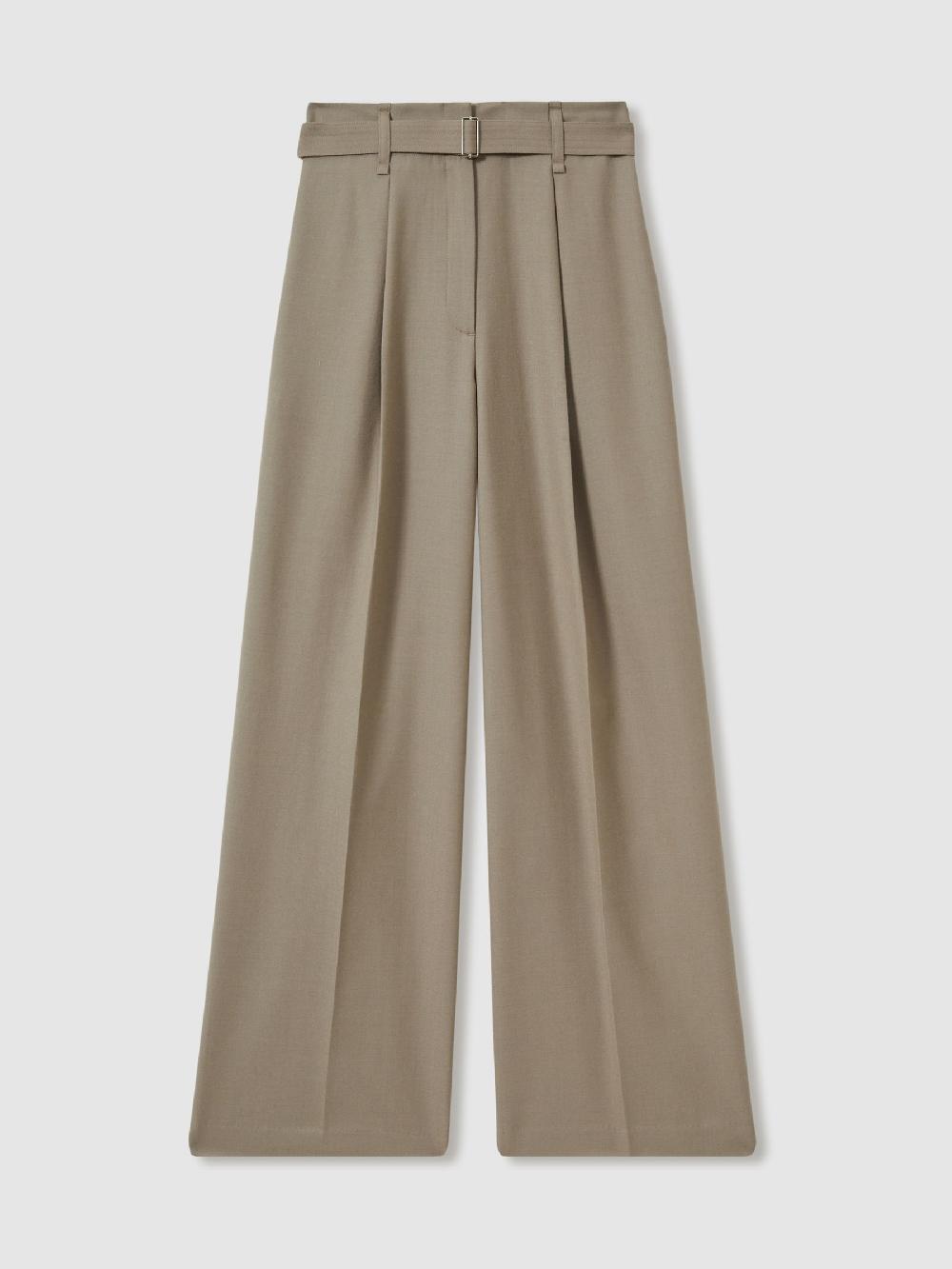 Reiss Wool Belted Wide-Leg Trousers In Neutral