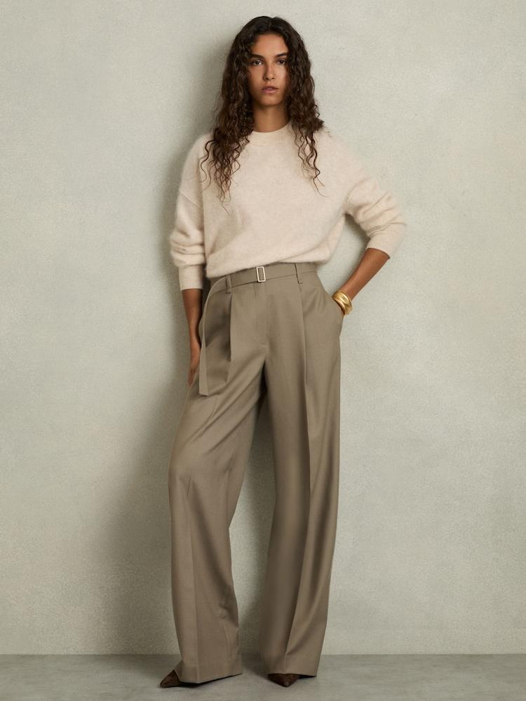 reiss Wool Belted Wide-Leg Trousers in Neutral