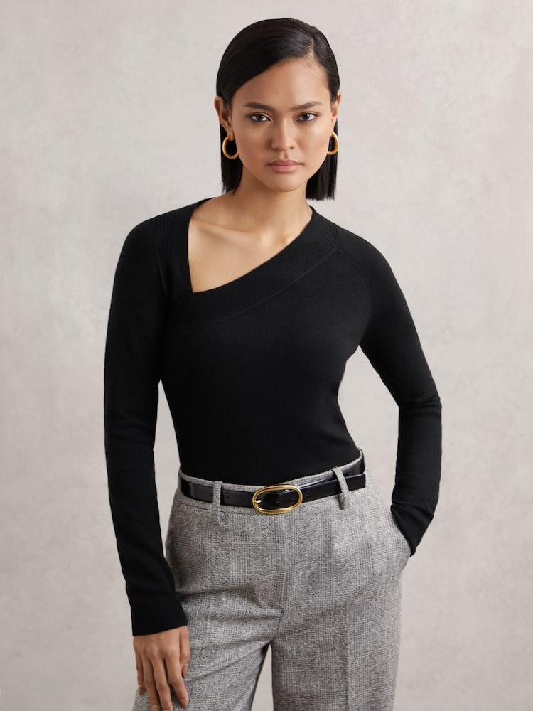 reiss Wool-Blend Asymmetric Knit Top in Black
