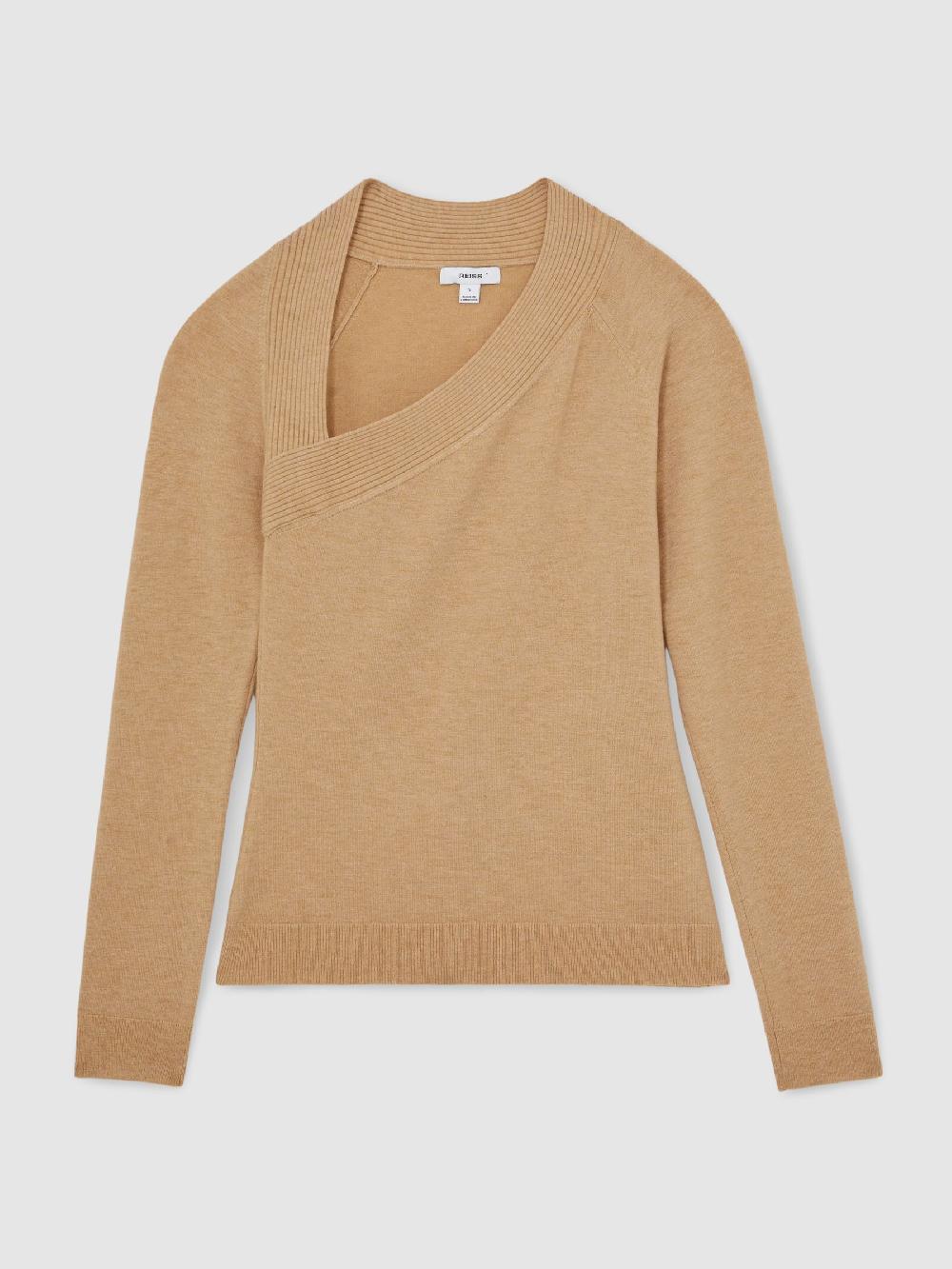 Reiss Wool-Blend Asymmetric Knit Top In Camel