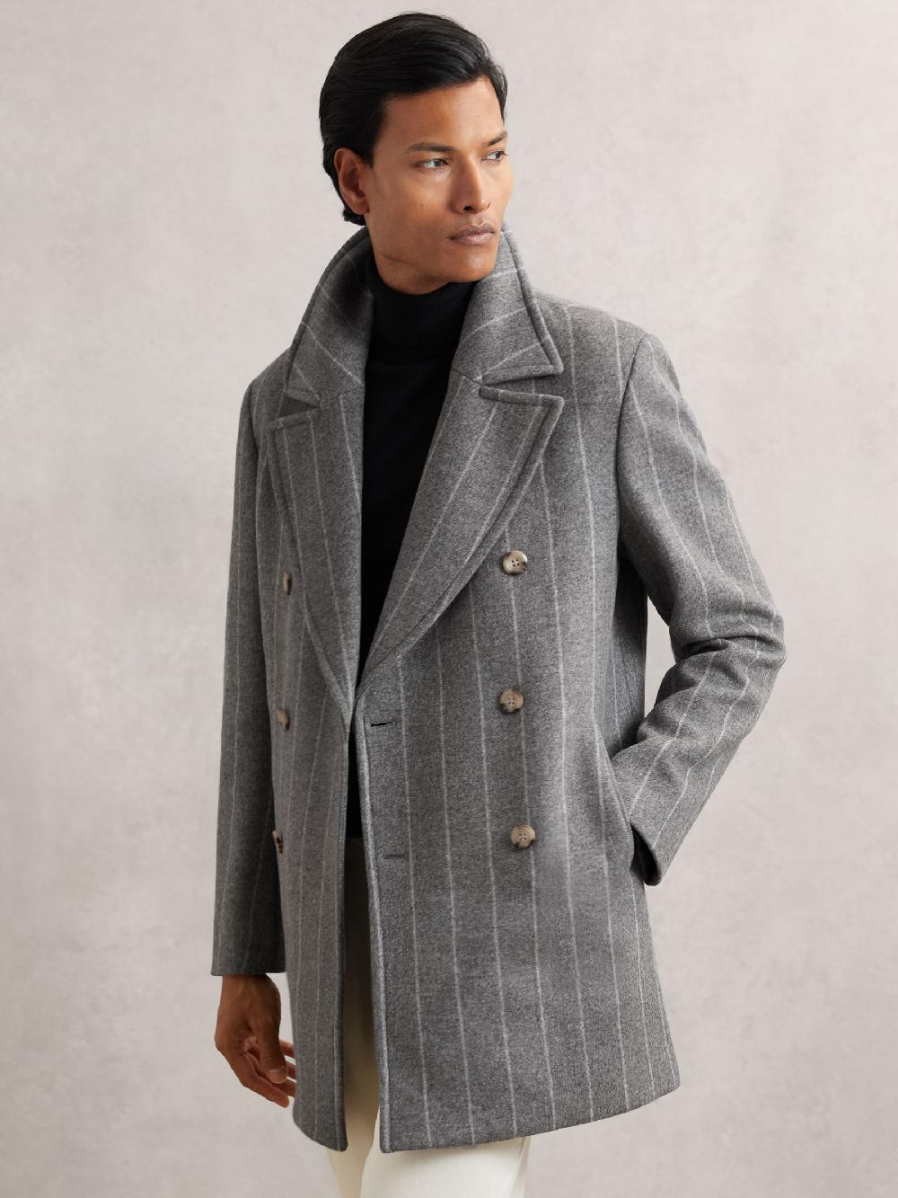 Reiss Wool-Blend Chalk-Stripe Pea Coat In Grey