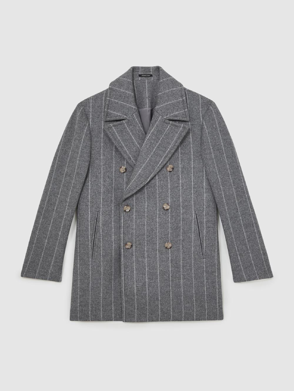Reiss Wool-Blend Chalk-Stripe Pea Coat In Grey