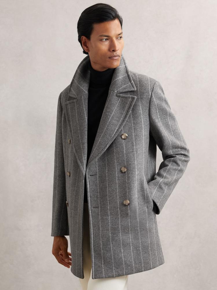 reiss Wool-Blend Chalk-Stripe Pea Coat in Grey