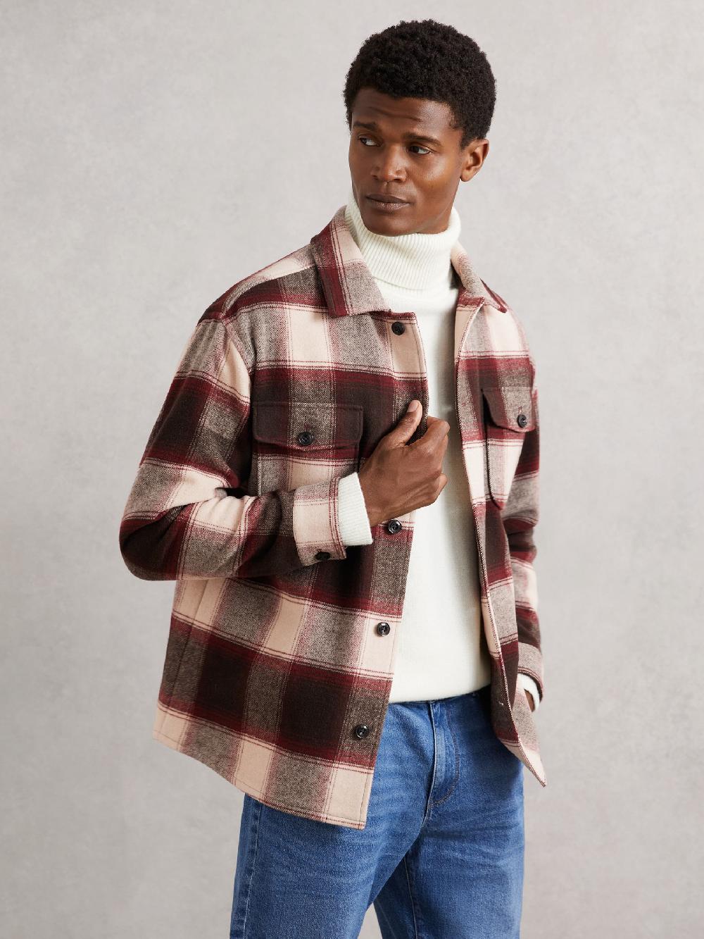 Reiss Wool-Blend Check Overshirt In Bordeaux