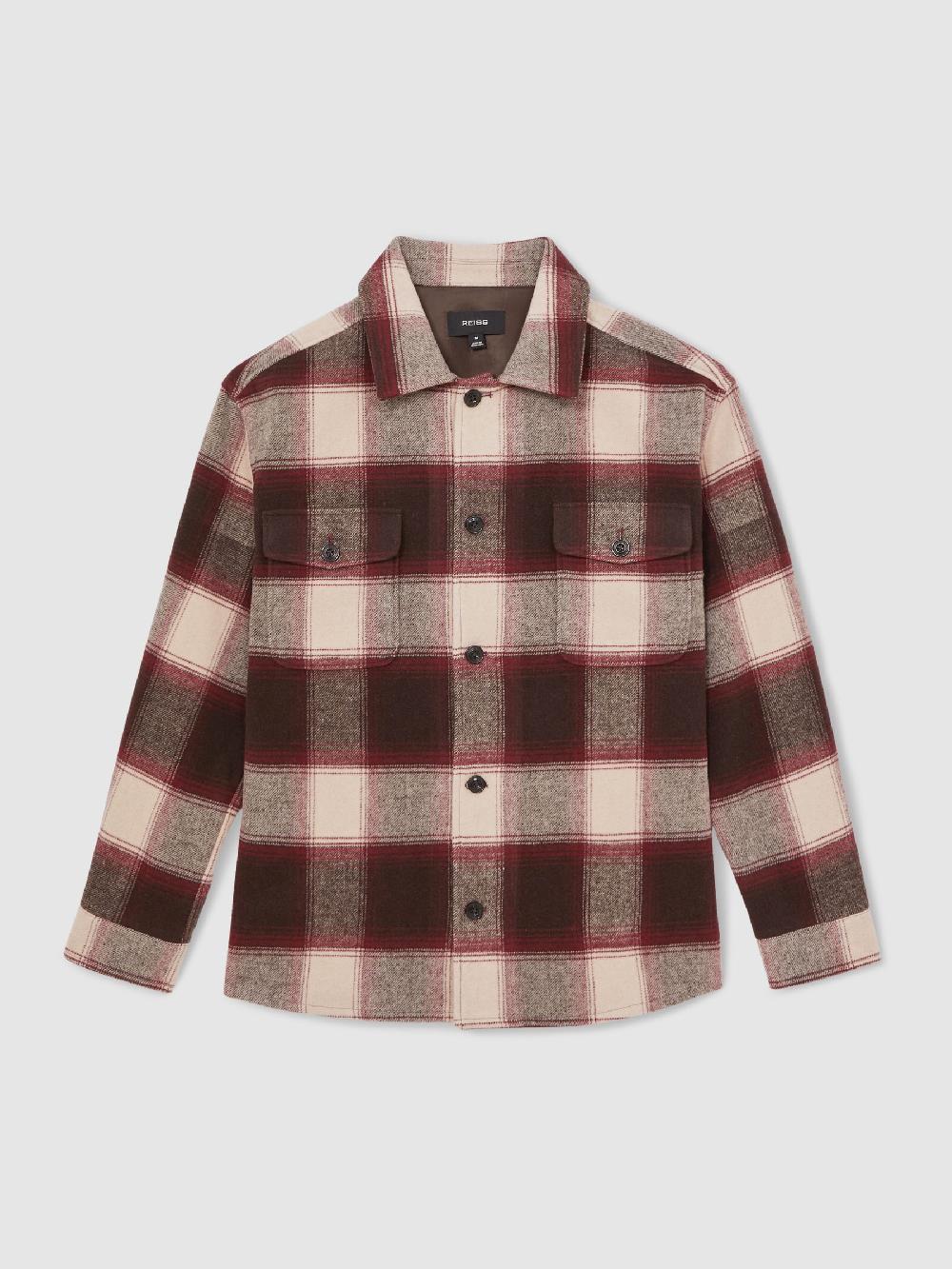 Reiss Wool-Blend Check Overshirt In Bordeaux