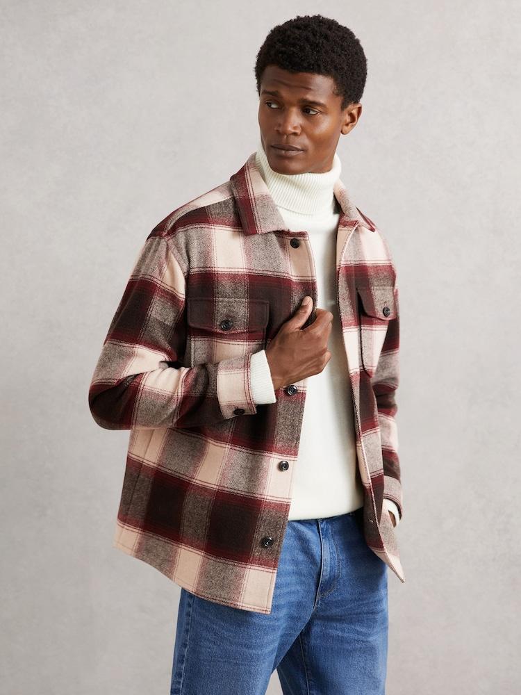 reiss Wool-Blend Check Overshirt in Bordeaux