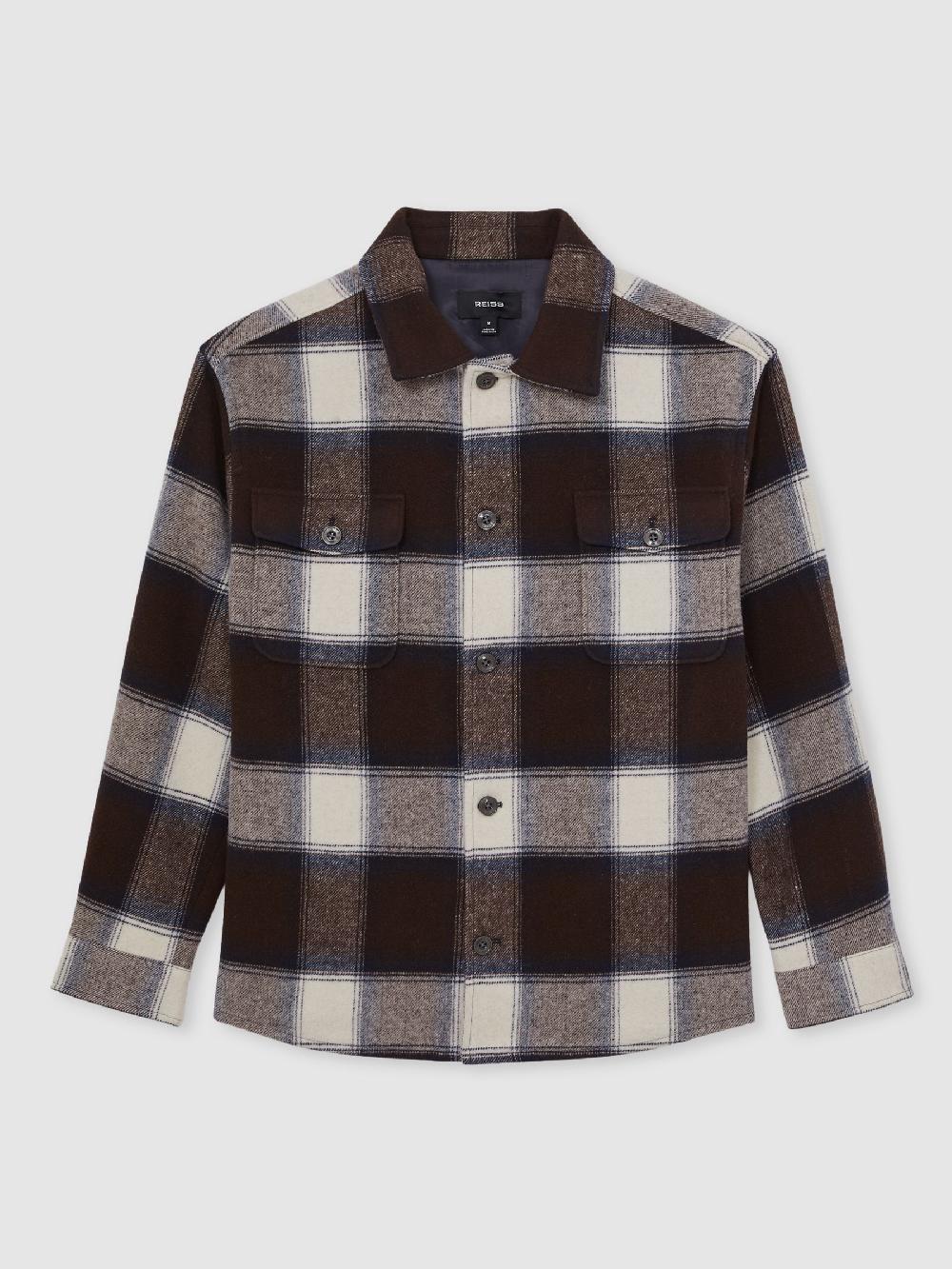 Reiss Wool-Blend Check Overshirt In Navy Multi