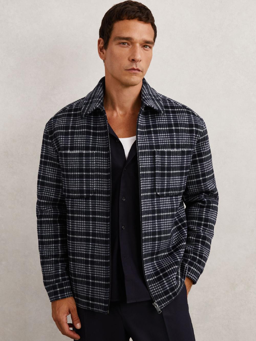 Reiss Wool-Blend Check Padded Overshirt In Blue