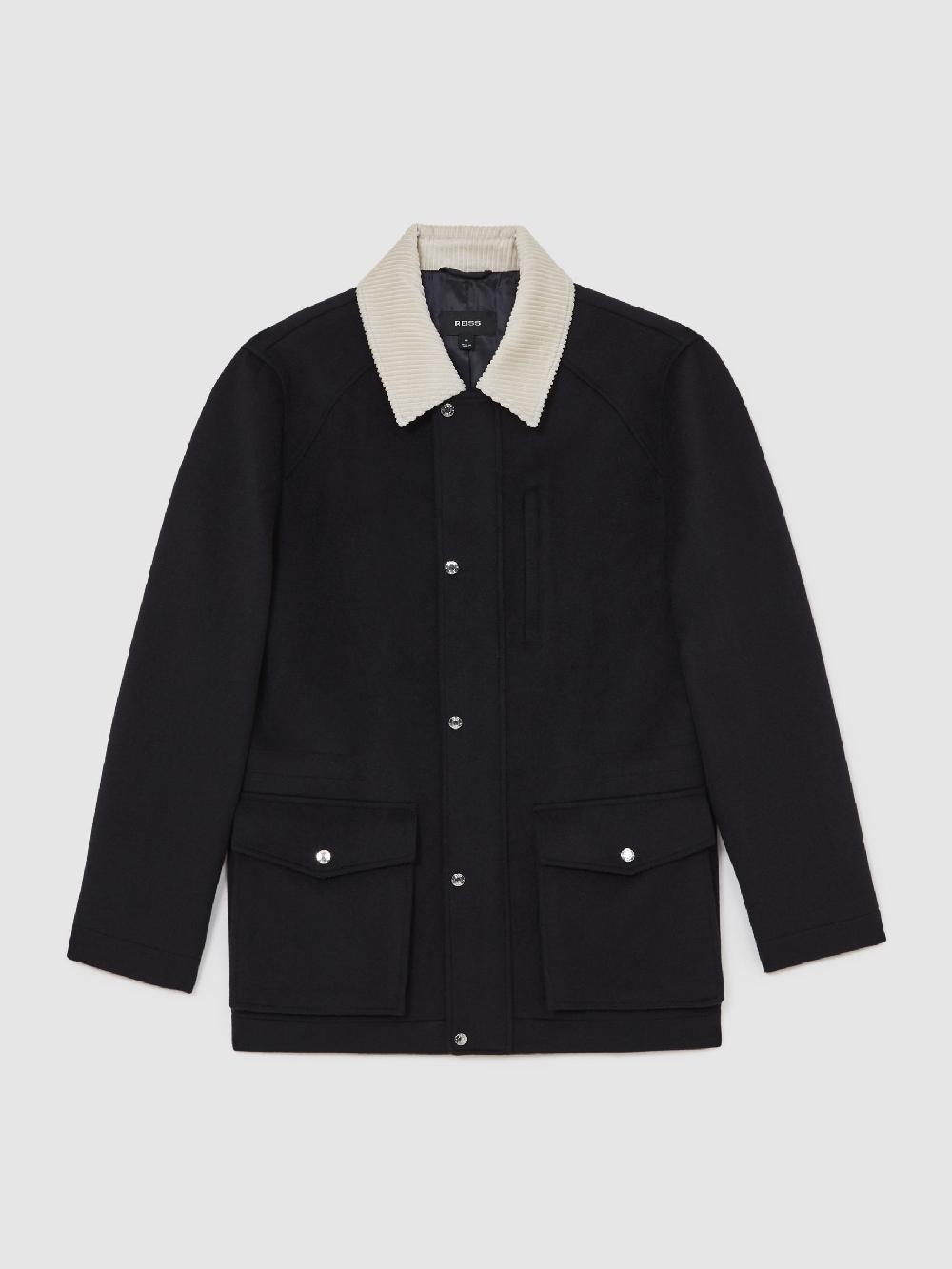 Reiss Wool-Blend Cord-Collar Worker Jacket In Navy
