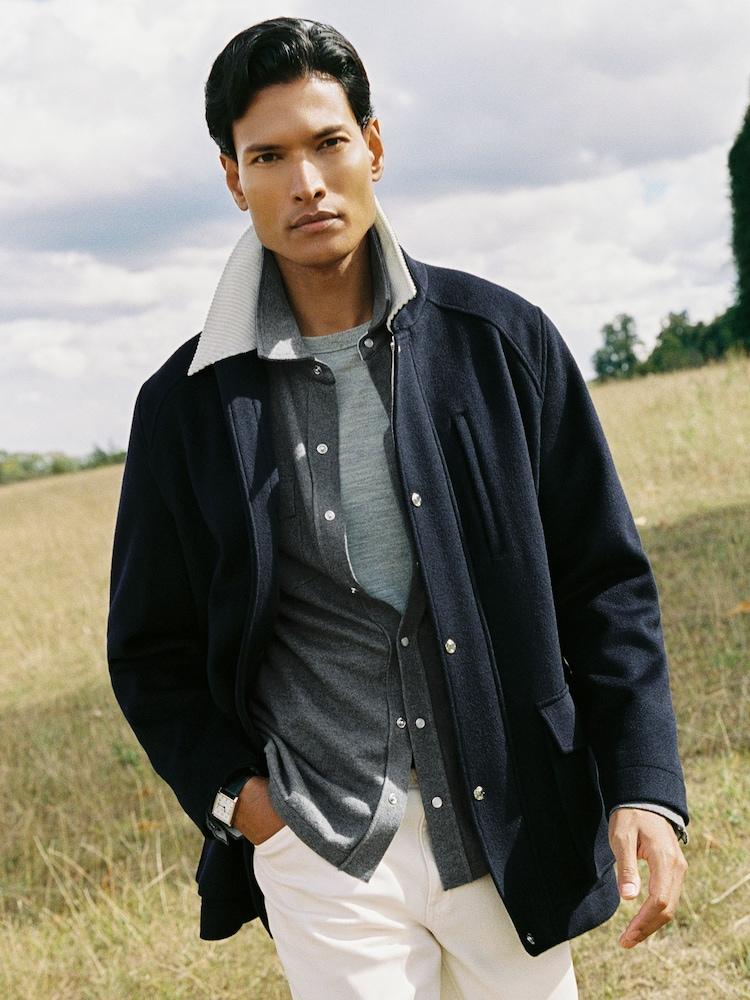 reiss Wool-Blend Cord-Collar Worker Jacket in Navy