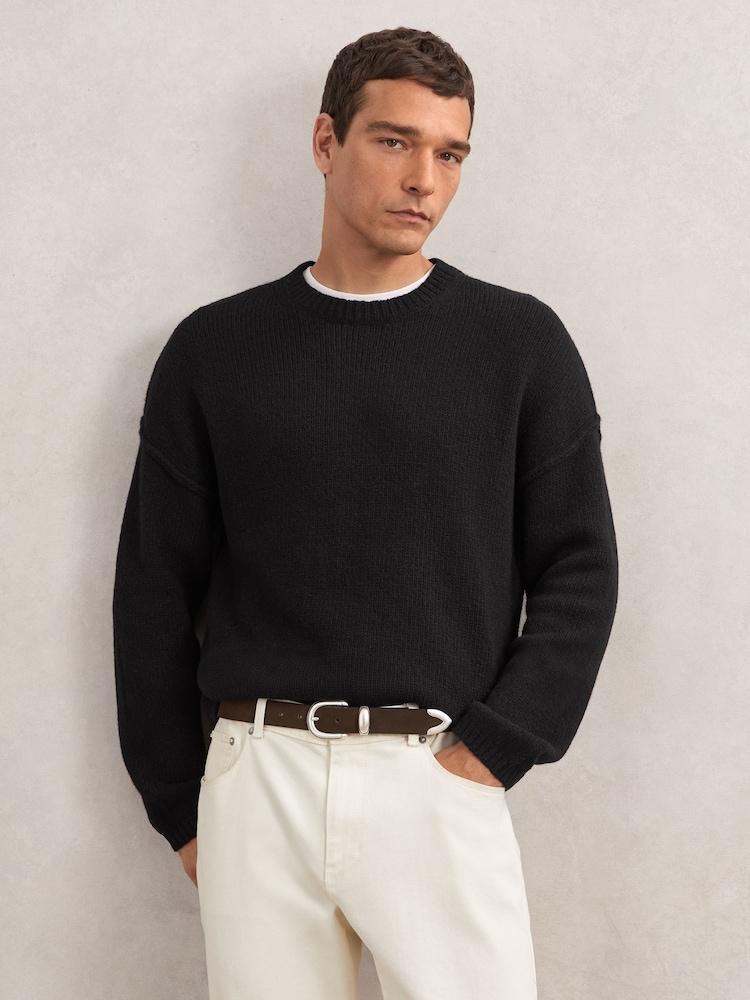 reiss Wool-Blend Crew-Neck Relaxed Jumper in Black