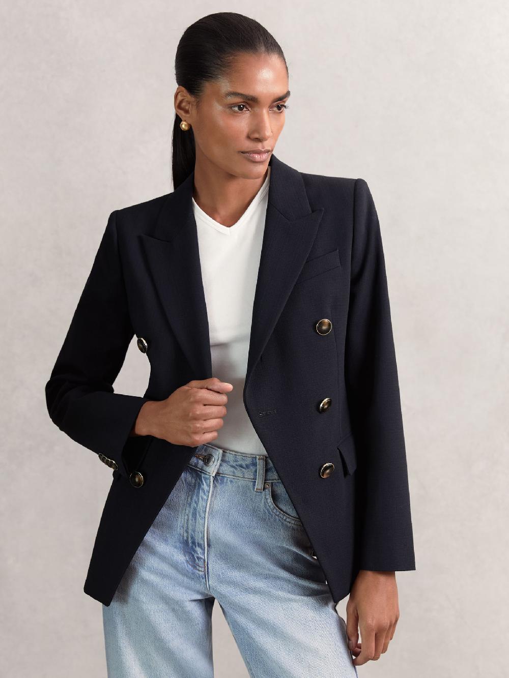 Reiss Wool-Blend Double-Breasted Blazer In Navy