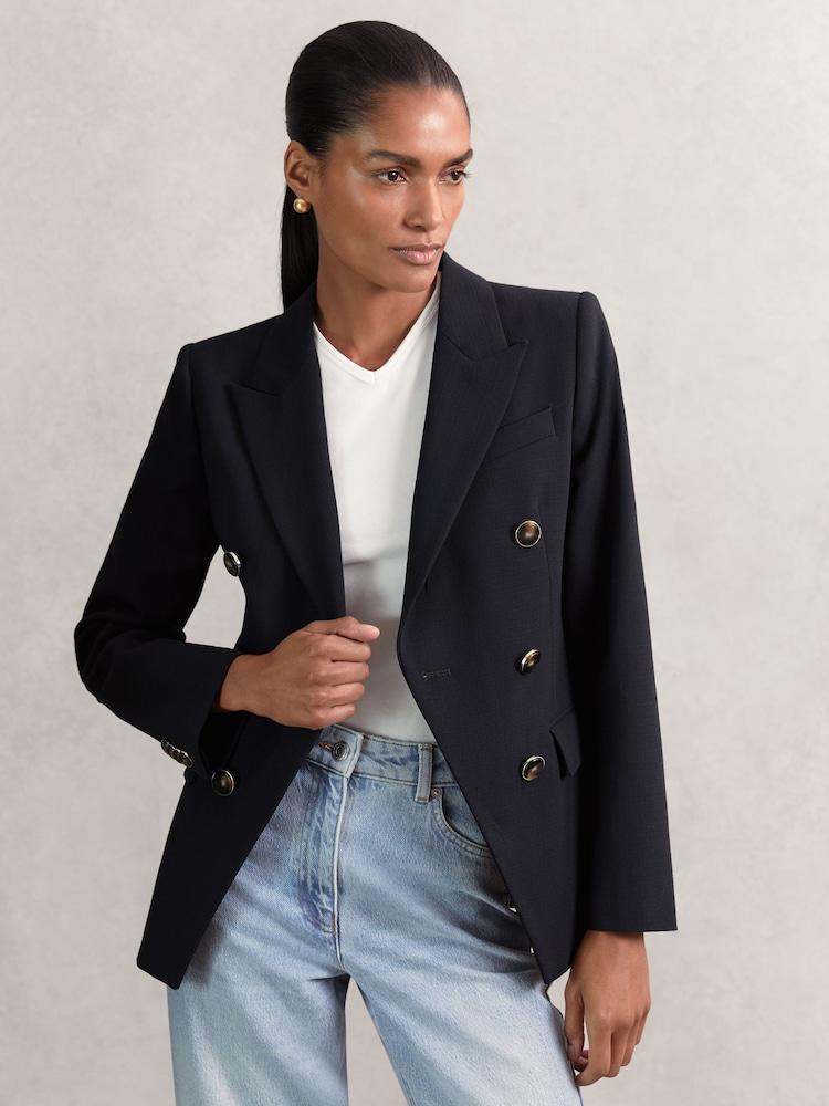 reiss Wool-Blend Double-Breasted Blazer in Navy